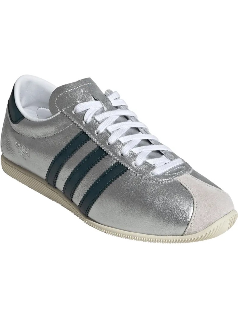 adidas Women’s Metallic Silver LeatherTrainer with Dark Green Stripes